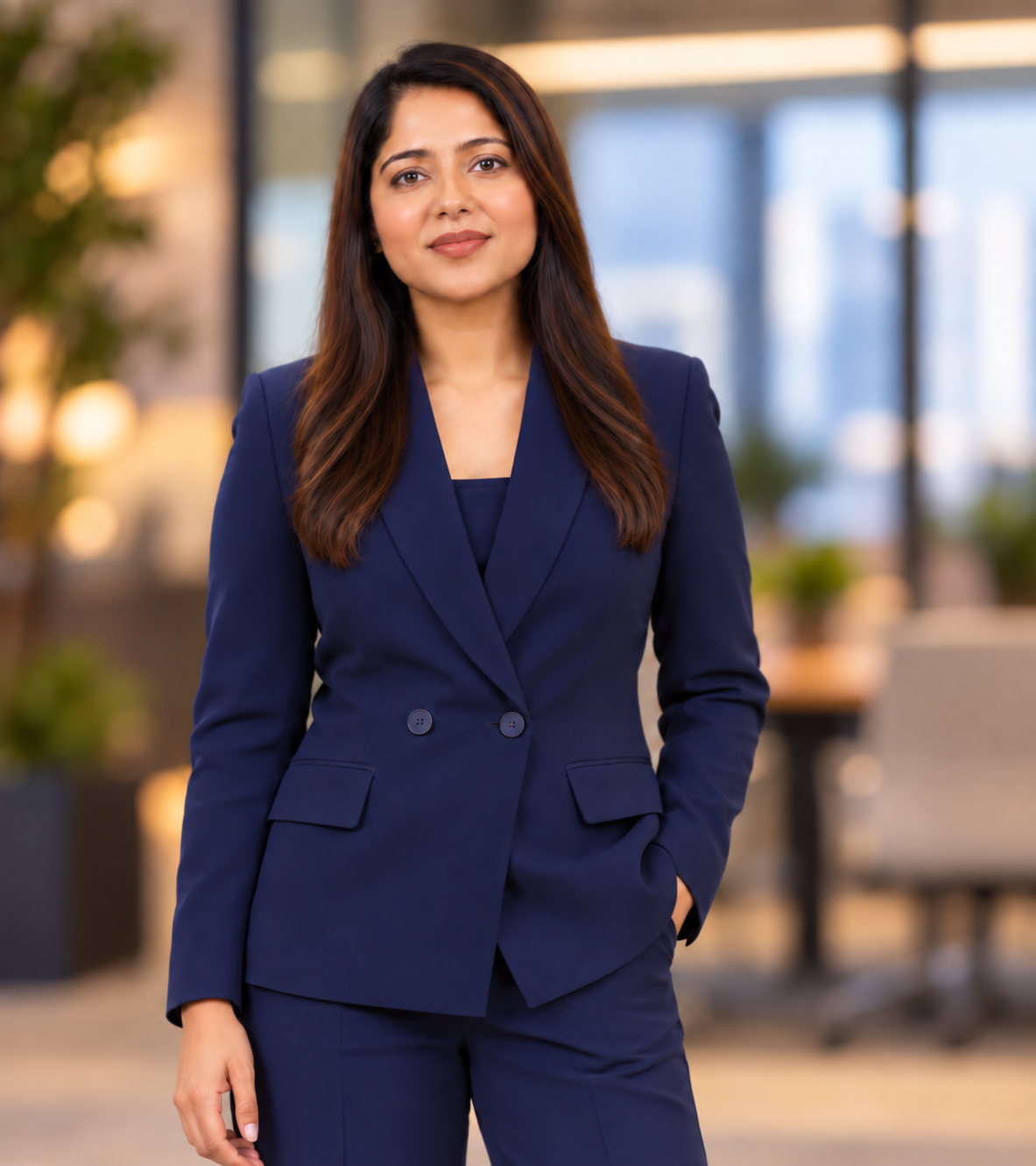 Charu Makhijani in a navy suit
